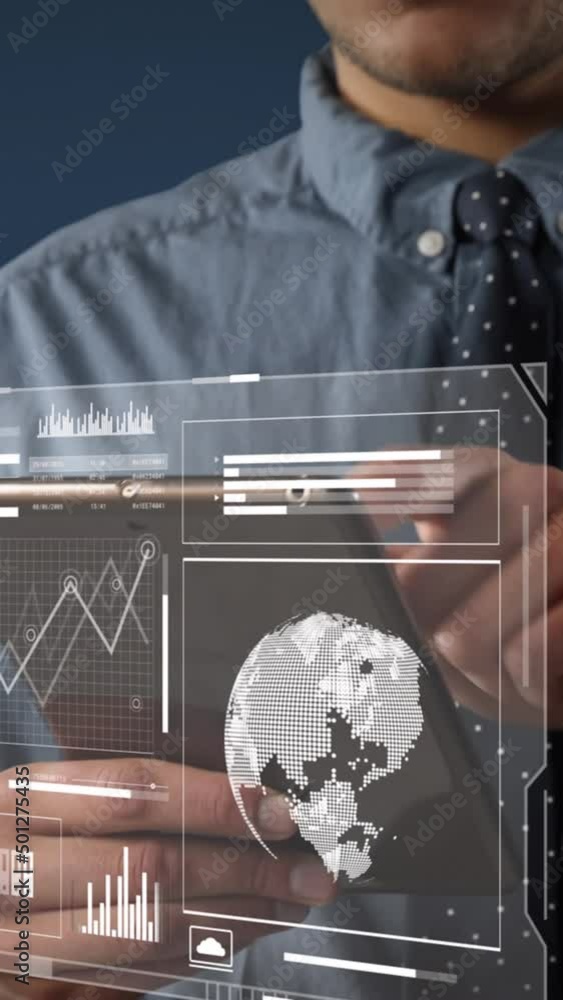Poster animation of screens with data processing over businessmen using tablet