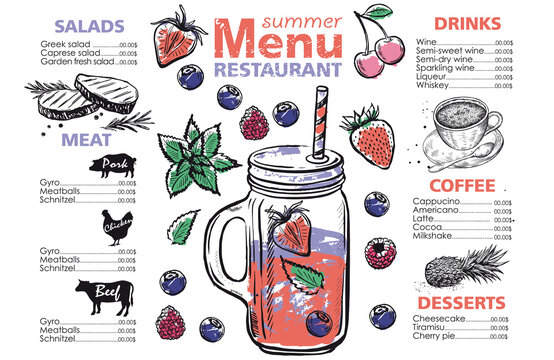 Smoothie, menu Juice, Hand drawn style.