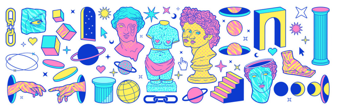 Naklejka Psychedelic sticker pack with colorful greek statues, ancient sculpture, column and surreal elements.