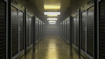 Servers. Servers room data center. Backup, mining, hosting, mainframe, farm and computer rack with storage information. 3d rendering