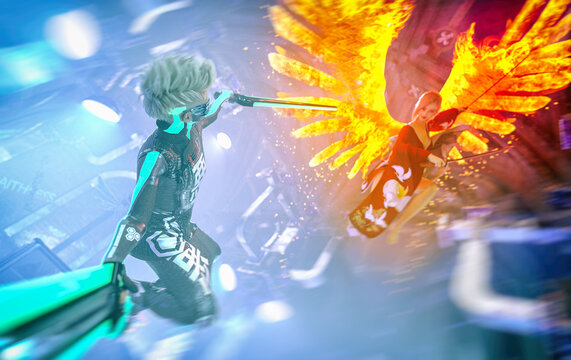 A brave warrior in a dystopian landscape faces powerful fire angels. These angels, inspired by the intensity and passion of the music of Rammstein, whose tribute band Feuerengel has an impressive
