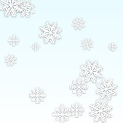 Christmas  Vector Background with Falling Snowflakes. Isolated on Red Background. Realistic Snow Sparkle Pattern. Snowfall Overlay Print. Winter Sky. Papercut Snowflakes.