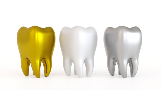 Tooth icon with gold tooth and amalgam fillings and crowns on teeth, dental care concept, 3D rendering.