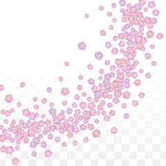 Blue Vector Realistic Blue Petals Falling on Transparent Background.  Spring Romantic Flowers Illustration. Flying Petals. Sakura Spa Design. Blossom Confetti. Design Elements for Wedding Decoration.