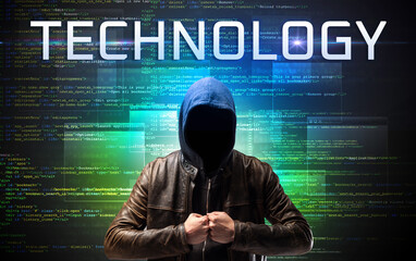 Faceless hacker on code background