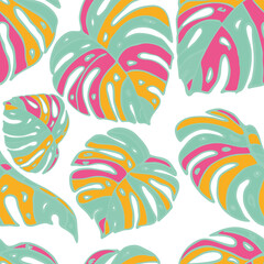 Fototapeta na wymiar Summer Floral Vector Seamless Pattern with Tropic Palm Leaves. Hawaiian Vintage Print. Trendy Tropical Nature Background.
