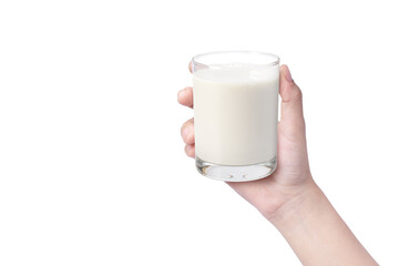 Hand holding glass of fresh milk isolated on white background.