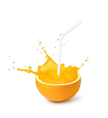 Naklejka na ściany i meble Orange juice splash with drinking straw isolated on white background.