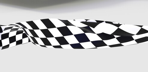 Checkered flag flying on blue background. Car race or motorsport rally flag. 3D wavy pattern background