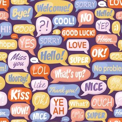 Colorful seamless pattern with cartoon speech bubbles with dialog words: happy, thanks, good, bye on dark background. Modern vector illustration.