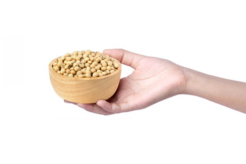 Woman hand holding wooden bowl with soybean isolated on white background.