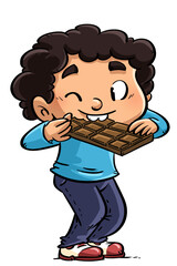 Illustration of a happy boy eating a chocolate bar