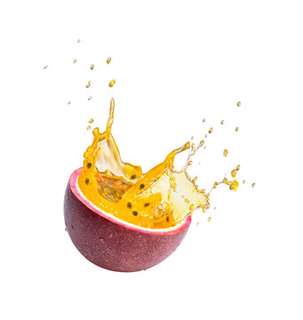 Red passion fruit with passionfruit juice splash isolated on white background.