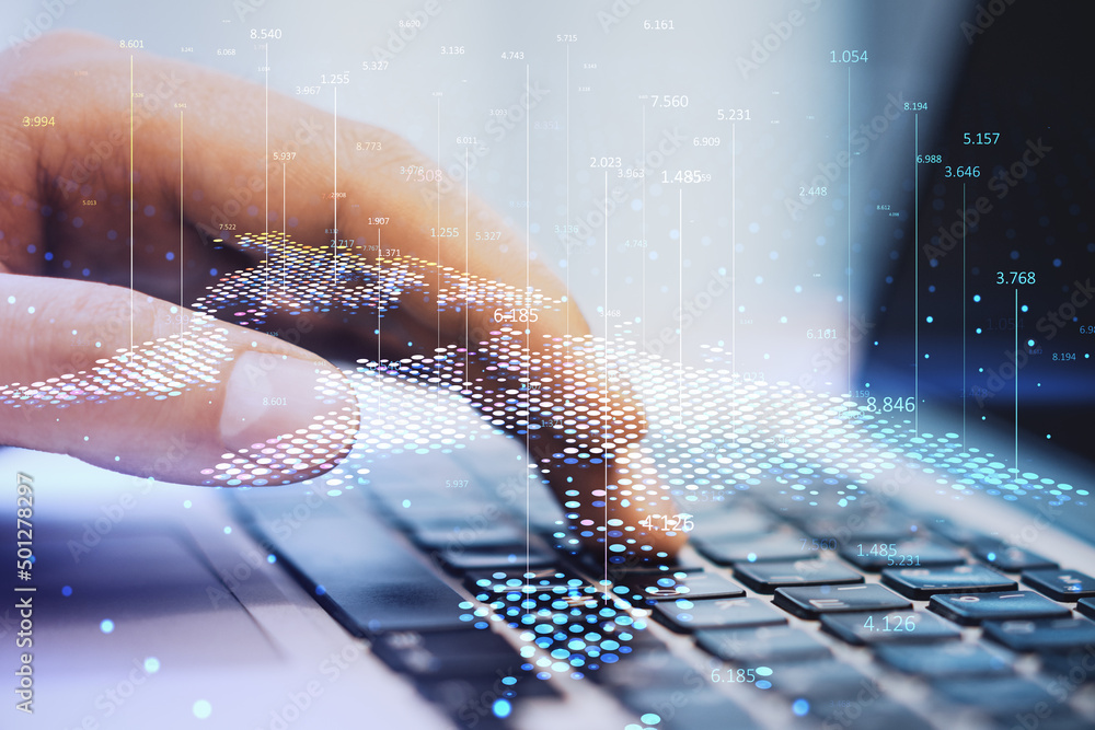 Poster Close up of male hand using laptop keyboard with abstract digital map and index lines on blurry background. Global infographic, world and location concept. Double exposure.