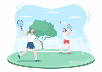 Tennis Player with Racket in Hand and Ball on Court. People doing Sports Match in Flat Cartoon Illustration