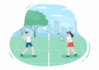 Tennis Player with Racket in Hand and Ball on Court. People doing Sports Match in Flat Cartoon Illustration
