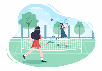 Tennis Player with Racket in Hand and Ball on Court. People doing Sports Match in Flat Cartoon Illustration