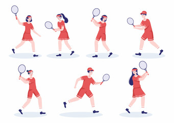 Fototapeta na wymiar Tennis Player with Racket in Hand and Ball on Court. People doing Sports Match in Flat Cartoon Illustration