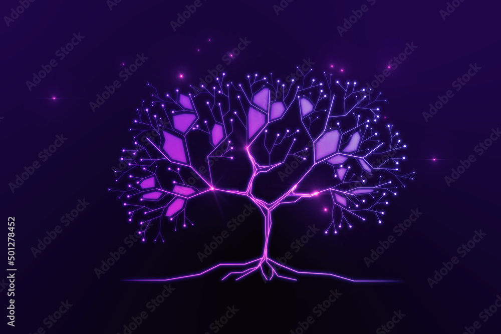 Aufkleber Abstract digital tree on purple background. Big data and network connection concept. 3D rendering.