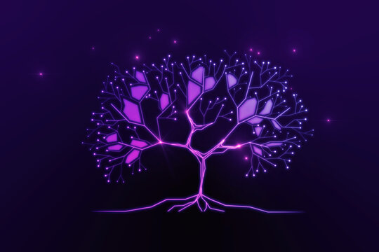 Abstract digital tree on purple background. Big data and network connection concept. 3D rendering.