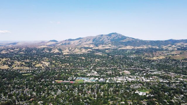Aerial view of Danville city and Mt Diablo in background at Las Trampas Regional Wilderness. 5,342-acre regional park located in Alameda and Contra Costa counties in Northern California.