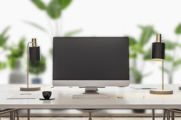 computer screen on desktop in luxury coworking office interior with equipment, furniture, coffee...