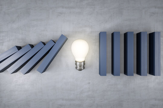Light bulb in a row of gray domino, stopping the falling dominoes, problem solving and solution, creativity concept. Concrete wall background. 3D Rendering.