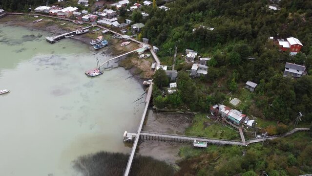 Aerial view of Caleta Tortel in Patagonia, Chile. A famous village without streets in South America. Carretera Austral, Patagonia - Chile