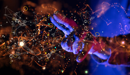 Digital cyberspace with particles and Digital data network connections concept.