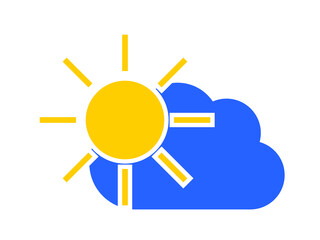 Blue cloud and yellow sun. Clear weather forecast icon isolated on white background. Vector.