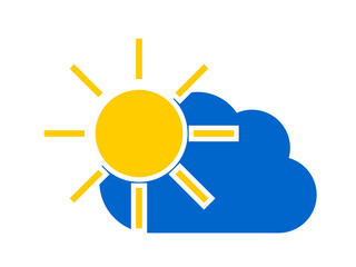 Blue cloud and yellow sun. Clear weather forecast icon isolated on white background. 