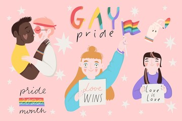 Pride month symbols sticker set. Cute gay elements in rainbow colors. Vector collection of LGBTQ signs and lettering. Hand drawn flat illustrations for Pride Month decorations