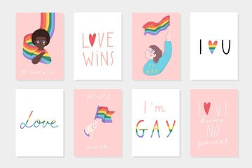 Fototapeta na wymiar 8 Gay pride cards and posters set. Homosexual girls and boys. Female and male sign, sumbols. rainbow colors flag. LGBTQ lettering, text and quotes. Vector illustrations