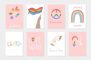 8 Gay pride cards and posters set. Homosexual girls and boys. Female and male sign, sumbols. rainbow colors flag. LGBTQ lettering, text and quotes. Vector illustrations