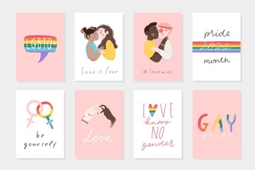 8 Gay pride cards and posters set. Homosexual girls and boys. Female and male sign, sumbols. rainbow colors flag. LGBTQ lettering, text and quotes. Vector illustrations