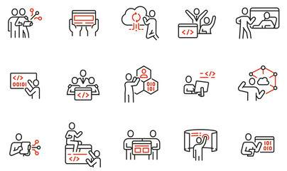 Vector set of linear icons related to engineering development, script coding and programming in javascript and python. Mono line pictograms and infographics design elements