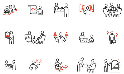 Vector Set of Linear Icons Related to Remote Work, Find a Job, Employment, Freelance and HR. Mono Line Pictograms and Infographics Design Elements - part 3 - obrazy, fototapety, plakaty