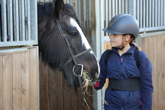 young girl preparing her horse in a stable