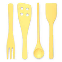 Wooden kitchen utensils, tools and equipment on white background.