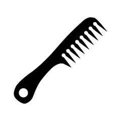 Comb icon. Black silhouette of a comb with a handle and large teeth. Individual household item for combing hair. Vector illustration isolated on a white background for design and web.