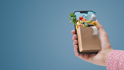 Fototapeta Online grocery shopping app on smartphone obraz