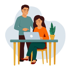 A girl with a laptop at the table, next to the men