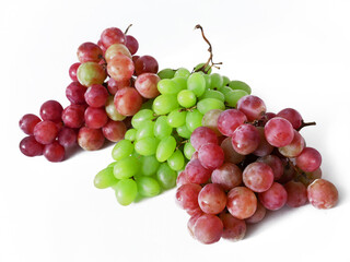 Tasty juice green and red Grapes branch isolated on white background