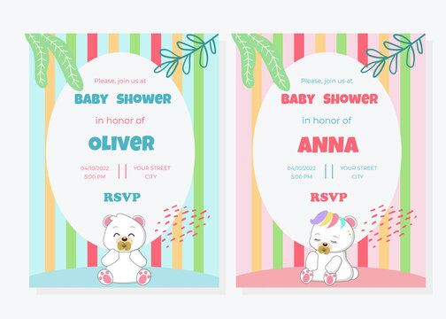 
Baby shower invitation card with cute teddy bear for girl and boy