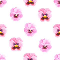 Seamless violet pattern. Pansies. Watercolor illustration. Isolated on a white background.