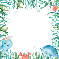 Watercolor underwater frame with octopus, whale, seaweed, crab, starfish etc. Illustration for design, print or background