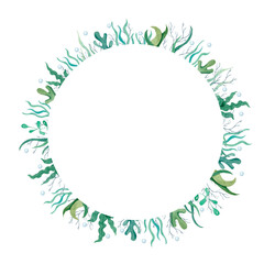 Watercolor hand-drawn round frame with seaweed and corals on white background.