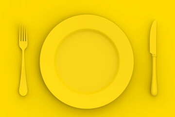 Bowl of yellow color on a yellow background. Next to the plate is a yellow knife and fork. Table items. Horizontal image. 3D image. 3D rendering.