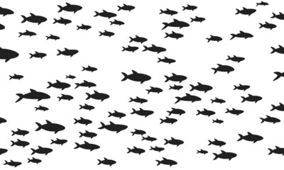 Silhouettes school of fish with marine life of various sizes swimming fish flat style design vector illustration. Colony of big and small sea animals.