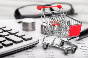 Shopping cart and man working on calculator with financial document.  Financial crisis concept.